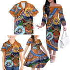 Personalised Tigers NAIDOC Week 2024 Family Matching Off The Shoulder Long Sleeve Dress and Hawaiian Shirt Australia Aboriginal Dot Painting