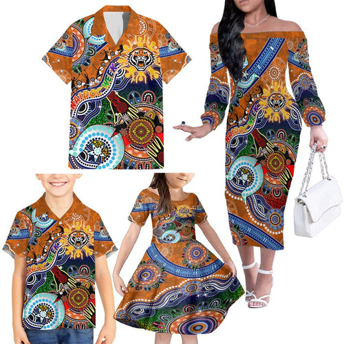 Personalised Tigers NAIDOC Week 2024 Family Matching Off The Shoulder Long Sleeve Dress and Hawaiian Shirt Australia Aboriginal Dot Painting