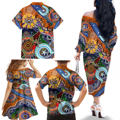 Personalised Tigers NAIDOC Week 2024 Family Matching Off The Shoulder Long Sleeve Dress and Hawaiian Shirt Australia Aboriginal Dot Painting