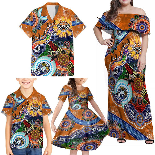 Personalised Tigers NAIDOC Week 2024 Family Matching Off Shoulder Maxi Dress and Hawaiian Shirt Australia Aboriginal Dot Painting
