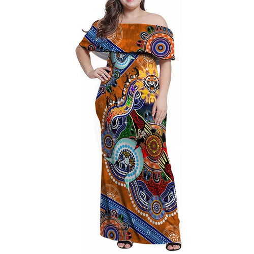 Personalised Tigers NAIDOC Week 2024 Family Matching Off Shoulder Maxi Dress and Hawaiian Shirt Australia Aboriginal Dot Painting