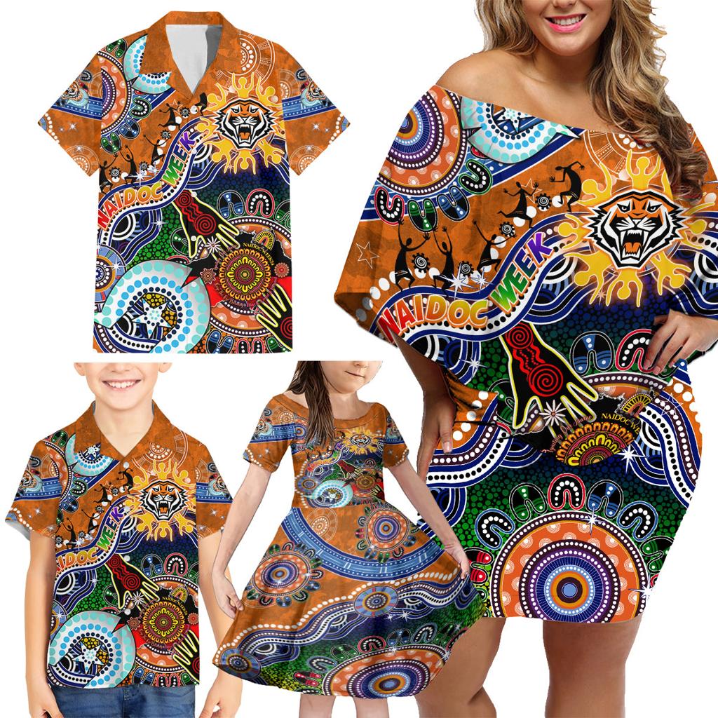 Personalised Tigers NAIDOC Week 2024 Family Matching Off Shoulder Short Dress and Hawaiian Shirt Australia Aboriginal Dot Painting