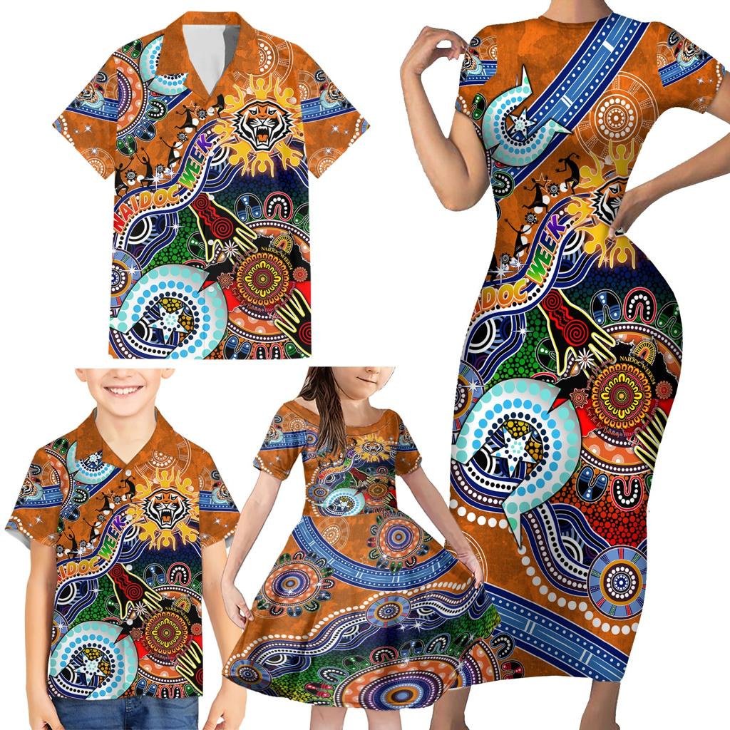Personalised Tigers NAIDOC Week 2024 Family Matching Short Sleeve Bodycon Dress and Hawaiian Shirt Australia Aboriginal Dot Painting