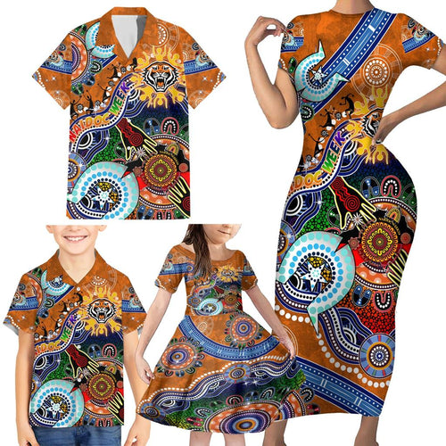 Personalised Tigers NAIDOC Week 2024 Family Matching Short Sleeve Bodycon Dress and Hawaiian Shirt Australia Aboriginal Dot Painting