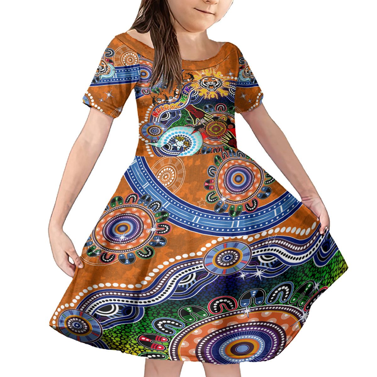 Personalised Tigers NAIDOC Week 2024 Kid Short Sleeve Dress Australia Aboriginal Dot Painting