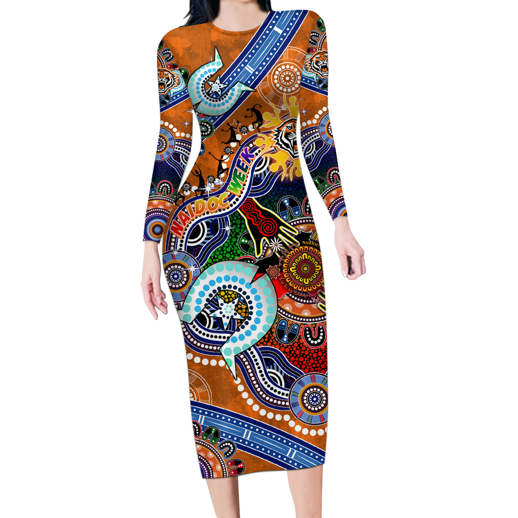 Personalised Tigers NAIDOC Week 2024 Long Sleeve Bodycon Dress Australia Aboriginal Dot Painting
