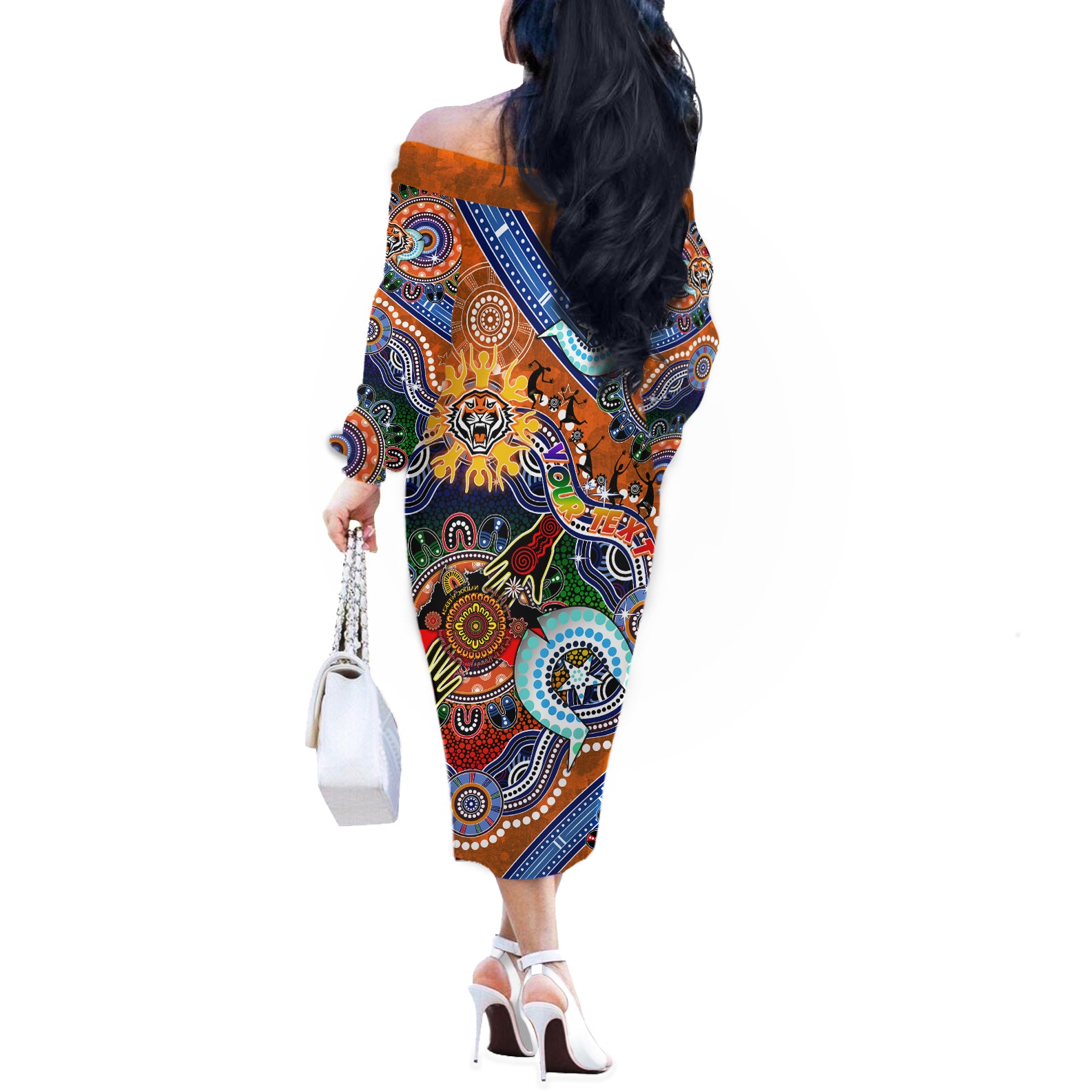 Personalised Tigers NAIDOC Week 2024 Off The Shoulder Long Sleeve Dress Australia Aboriginal Dot Painting