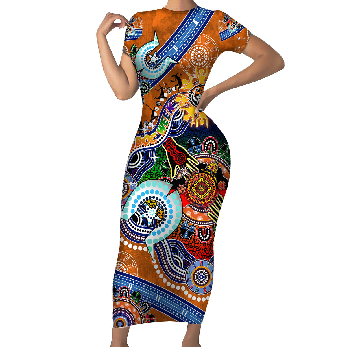 Personalised Tigers NAIDOC Week 2024 Short Sleeve Bodycon Dress Australia Aboriginal Dot Painting