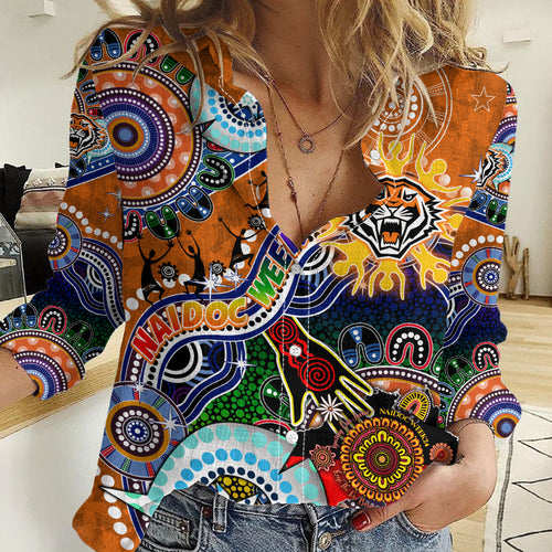 Personalised Tigers NAIDOC Week 2024 Women Casual Shirt Australia Aboriginal Dot Painting