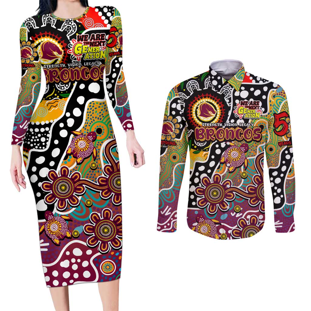 Personalised Broncos NRL Celebrating 50 Years of Naidoc Couples Matching Long Sleeve Bodycon Dress and Long Sleeve Button Shirt NAIDOC Week 2025 Aboriginal