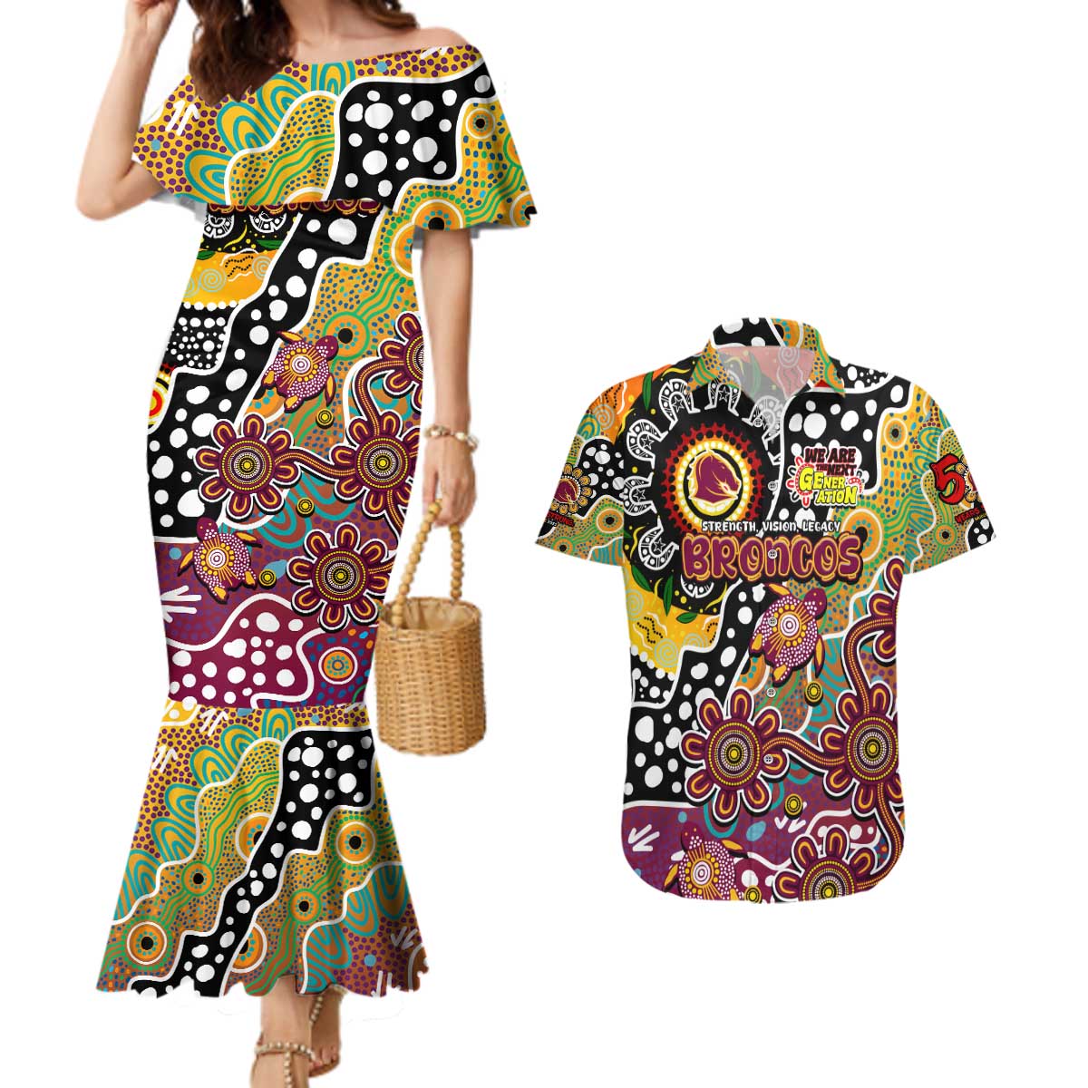 Personalised Broncos NRL Celebrating 50 Years of Naidoc Couples Matching Mermaid Dress and Hawaiian Shirt NAIDOC Week 2025 Aboriginal