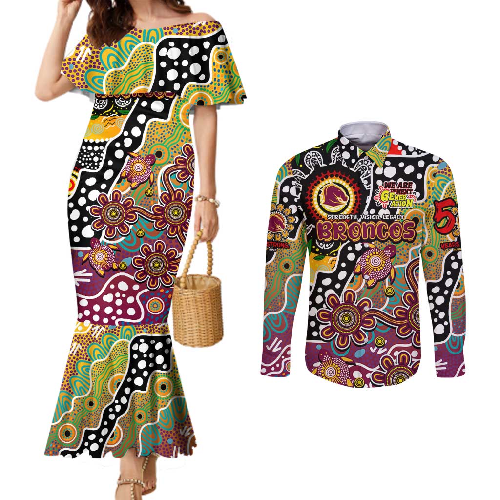 Personalised Broncos NRL Celebrating 50 Years of Naidoc Couples Matching Mermaid Dress and Long Sleeve Button Shirt NAIDOC Week 2025 Aboriginal