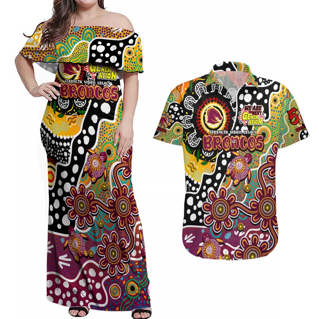 Personalised Broncos NRL Celebrating 50 Years of Naidoc Couples Matching Off Shoulder Maxi Dress and Hawaiian Shirt NAIDOC Week 2025 Aboriginal