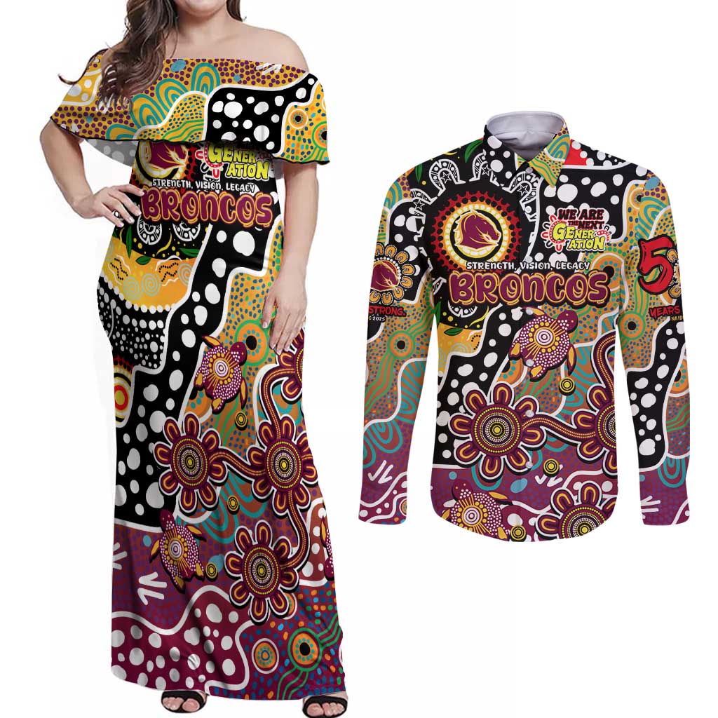Personalised Broncos NRL Celebrating 50 Years of Naidoc Couples Matching Off Shoulder Maxi Dress and Long Sleeve Button Shirt NAIDOC Week 2025 Aboriginal