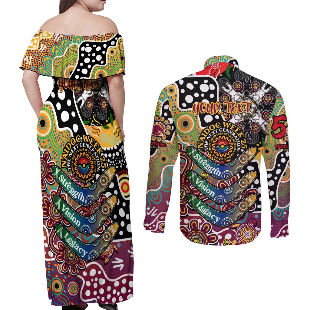 Personalised Broncos NRL Celebrating 50 Years of Naidoc Couples Matching Off Shoulder Maxi Dress and Long Sleeve Button Shirt NAIDOC Week 2025 Aboriginal
