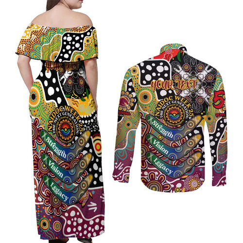 Personalised Broncos NRL Celebrating 50 Years of Naidoc Couples Matching Off Shoulder Maxi Dress and Long Sleeve Button Shirt NAIDOC Week 2025 Aboriginal