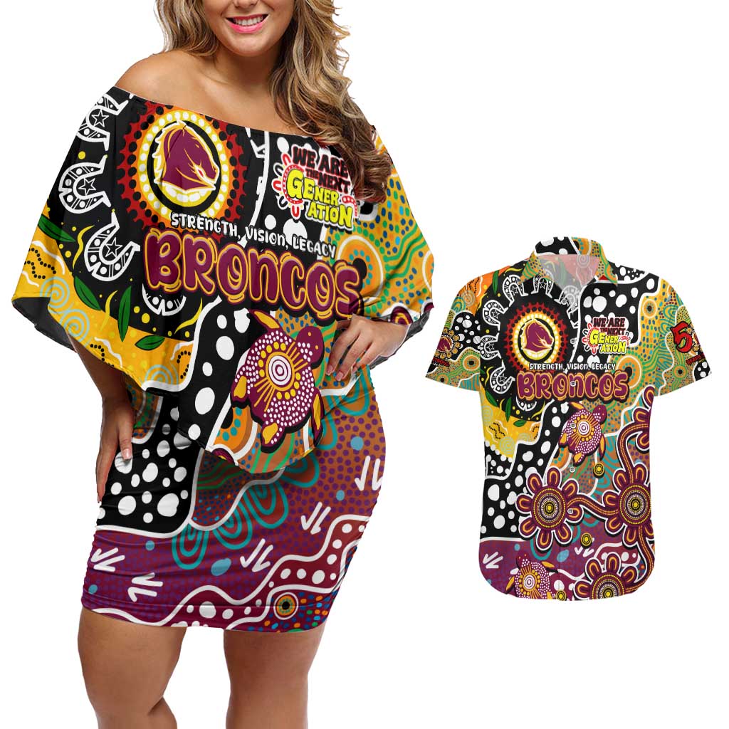 Personalised Broncos NRL Celebrating 50 Years of Naidoc Couples Matching Off Shoulder Short Dress and Hawaiian Shirt NAIDOC Week 2025 Aboriginal