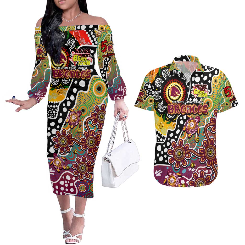 Personalised Broncos NRL Celebrating 50 Years of Naidoc Couples Matching Off The Shoulder Long Sleeve Dress and Hawaiian Shirt NAIDOC Week 2025 Aboriginal
