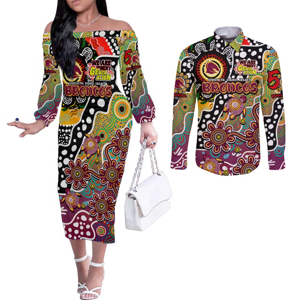 Personalised Broncos NRL Celebrating 50 Years of Naidoc Couples Matching Off The Shoulder Long Sleeve Dress and Long Sleeve Button Shirt NAIDOC Week 2025 Aboriginal