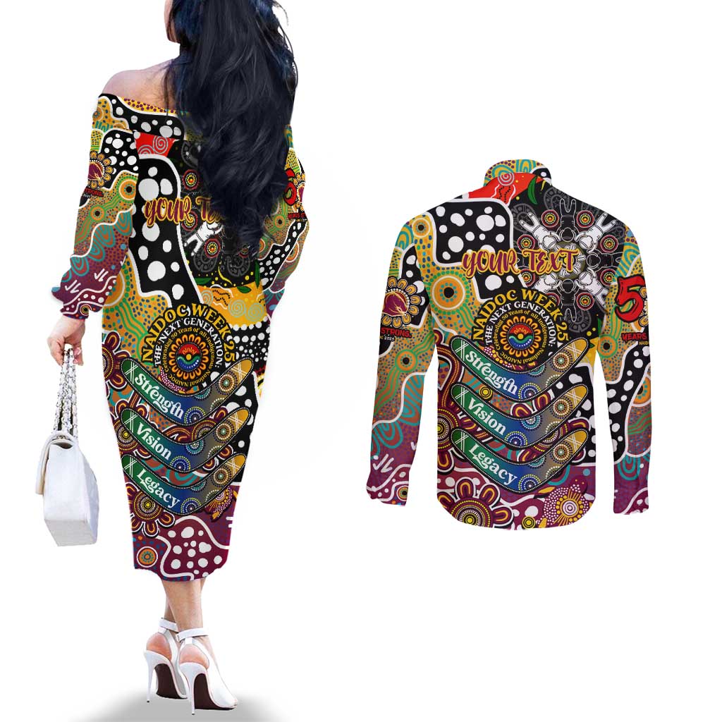 Personalised Broncos NRL Celebrating 50 Years of Naidoc Couples Matching Off The Shoulder Long Sleeve Dress and Long Sleeve Button Shirt NAIDOC Week 2025 Aboriginal