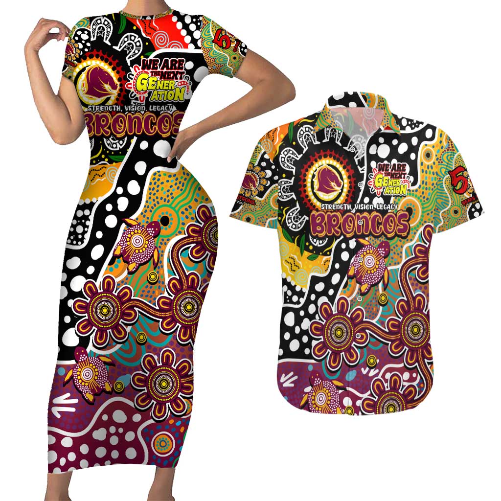 Personalised Broncos NRL Celebrating 50 Years of Naidoc Couples Matching Short Sleeve Bodycon Dress and Hawaiian Shirt NAIDOC Week 2025 Aboriginal