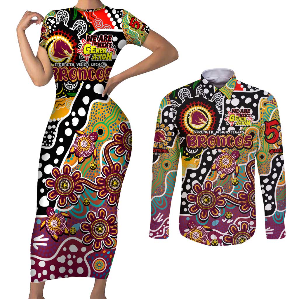 Personalised Broncos NRL Celebrating 50 Years of Naidoc Couples Matching Short Sleeve Bodycon Dress and Long Sleeve Button Shirt NAIDOC Week 2025 Aboriginal