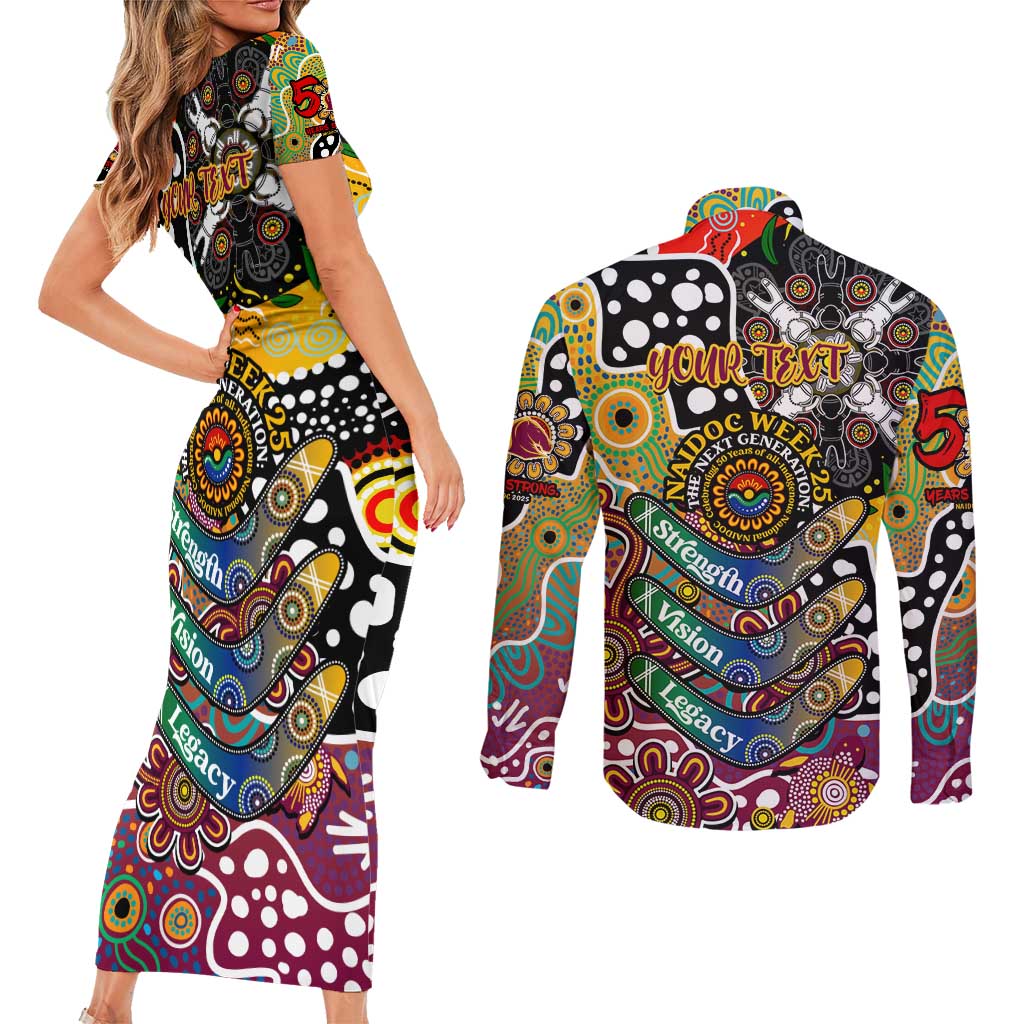 Personalised Broncos NRL Celebrating 50 Years of Naidoc Couples Matching Short Sleeve Bodycon Dress and Long Sleeve Button Shirt NAIDOC Week 2025 Aboriginal