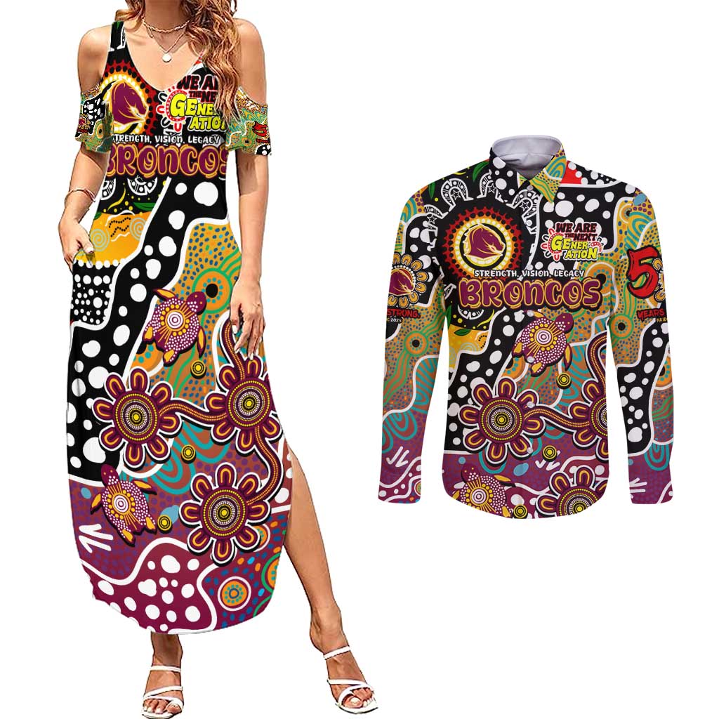 Personalised Broncos NRL Celebrating 50 Years of Naidoc Couples Matching Summer Maxi Dress and Long Sleeve Button Shirt NAIDOC Week 2025 Aboriginal