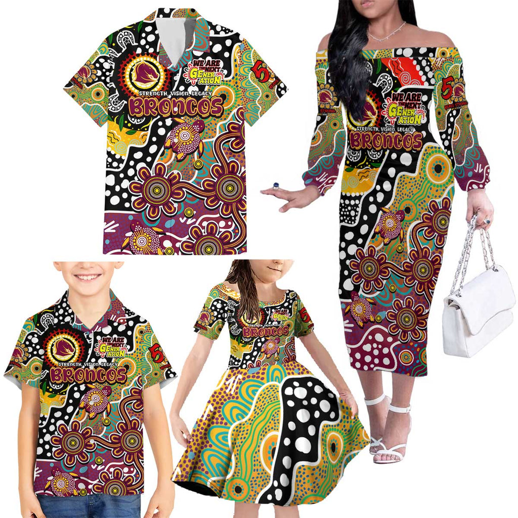 Personalised Broncos NRL Celebrating 50 Years of Naidoc Family Matching Off The Shoulder Long Sleeve Dress and Hawaiian Shirt NAIDOC Week 2025 Aboriginal