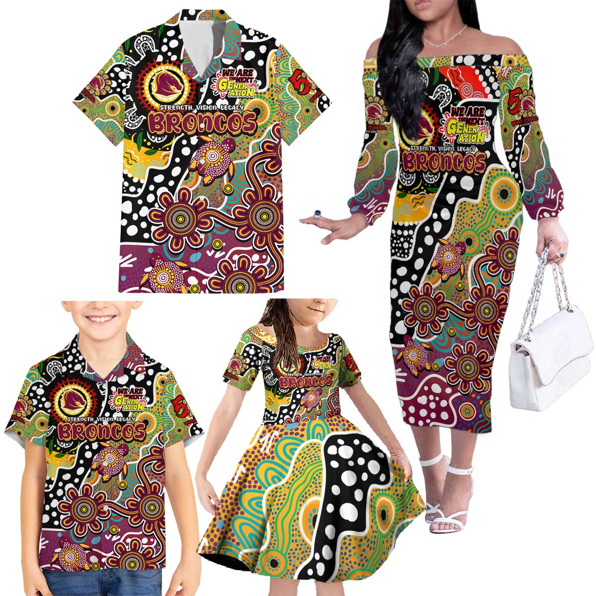 Personalised Broncos NRL Celebrating 50 Years of Naidoc Family Matching Off The Shoulder Long Sleeve Dress and Hawaiian Shirt NAIDOC Week 2025 Aboriginal