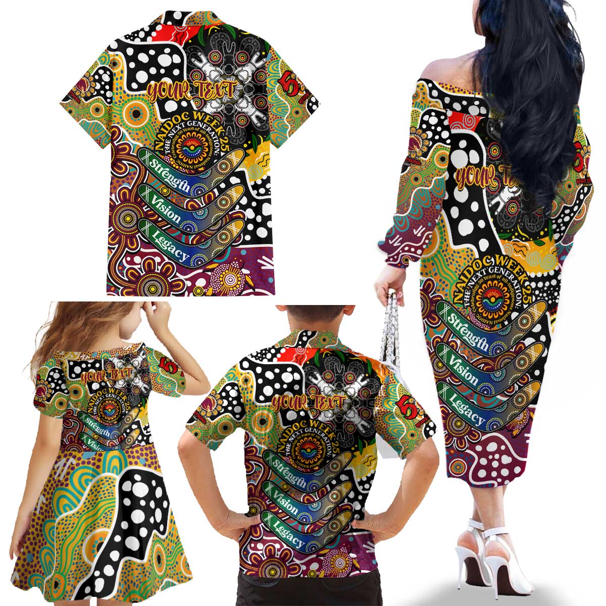 Personalised Broncos NRL Celebrating 50 Years of Naidoc Family Matching Off The Shoulder Long Sleeve Dress and Hawaiian Shirt NAIDOC Week 2025 Aboriginal