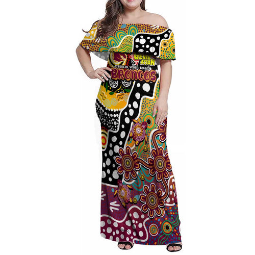 Personalised Broncos NRL Celebrating 50 Years of Naidoc Family Matching Off Shoulder Maxi Dress and Hawaiian Shirt NAIDOC Week 2025 Aboriginal