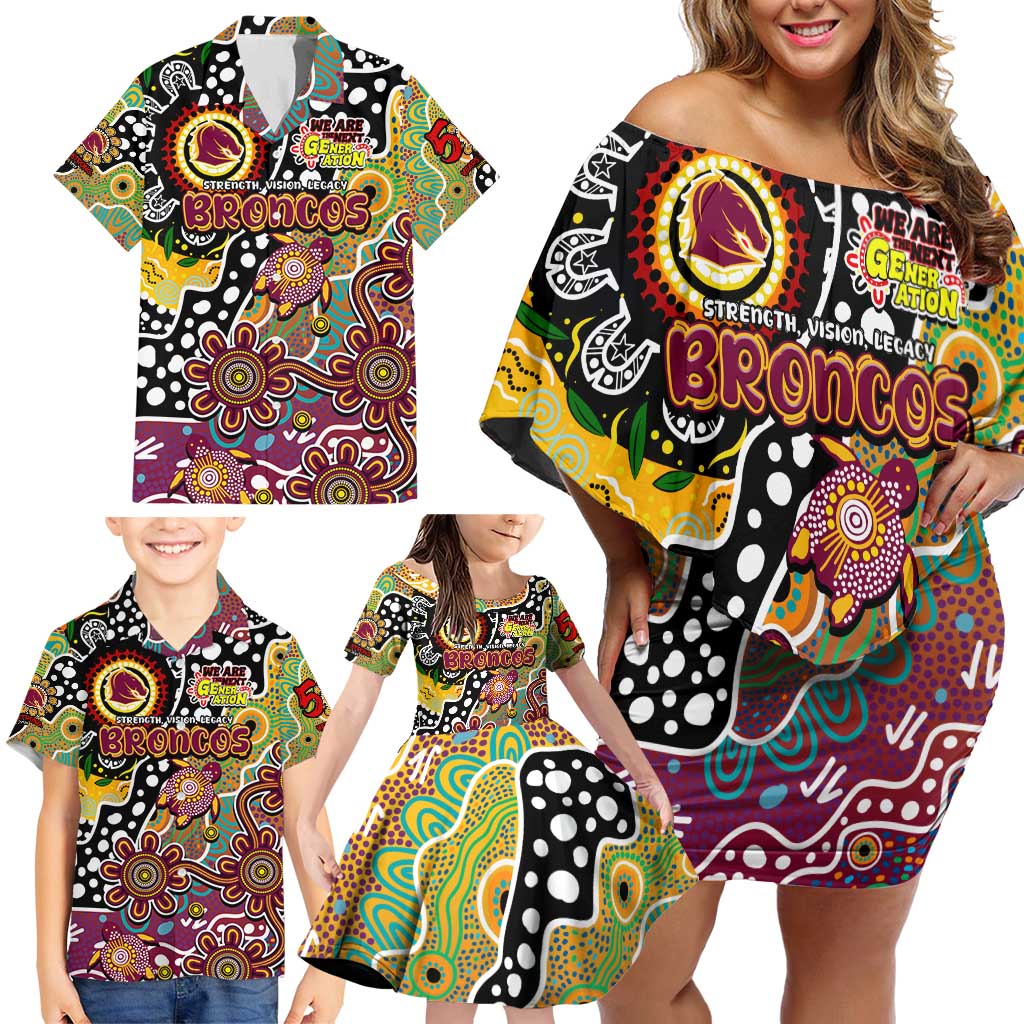 Personalised Broncos NRL Celebrating 50 Years of Naidoc Family Matching Off Shoulder Short Dress and Hawaiian Shirt NAIDOC Week 2025 Aboriginal