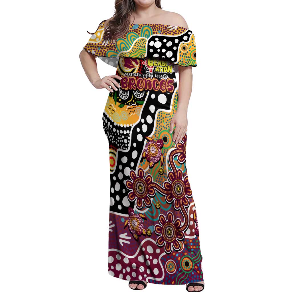 Personalised Broncos NRL Celebrating 50 Years of Naidoc Off Shoulder Maxi Dress NAIDOC Week 2025 Aboriginal