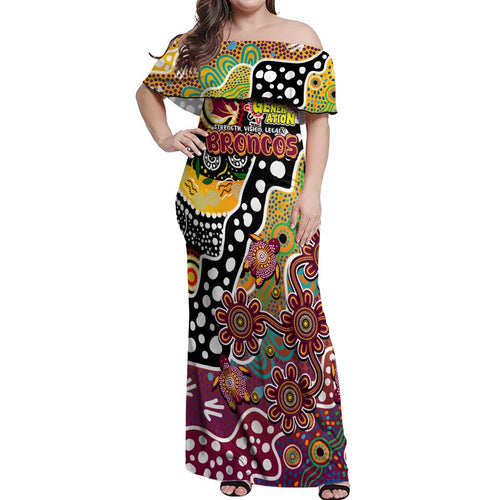 Personalised Broncos NRL Celebrating 50 Years of Naidoc Off Shoulder Maxi Dress NAIDOC Week 2025 Aboriginal