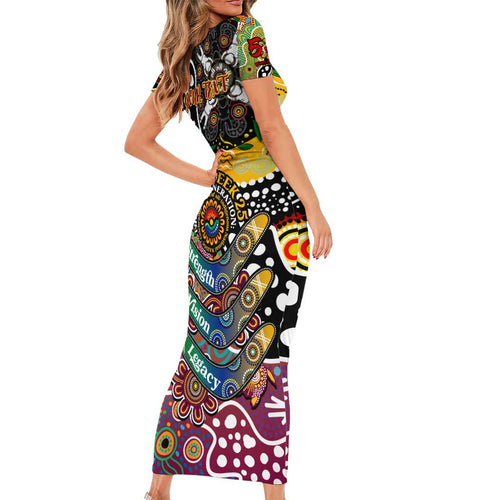 Personalised Broncos NRL Celebrating 50 Years of Naidoc Short Sleeve Bodycon Dress NAIDOC Week 2025 Aboriginal