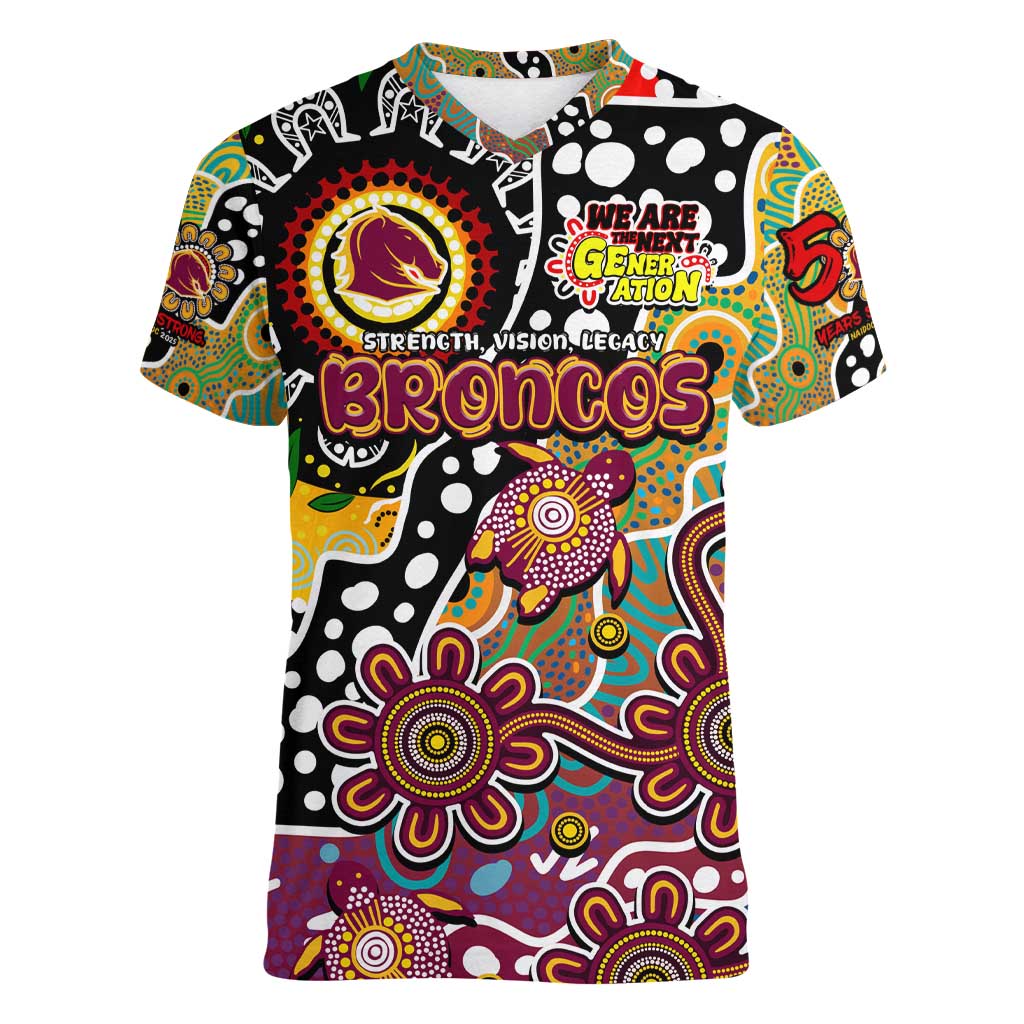Personalised Broncos NRL Celebrating 50 Years of Naidoc Women V-Neck T-Shirt NAIDOC Week 2025 Aboriginal