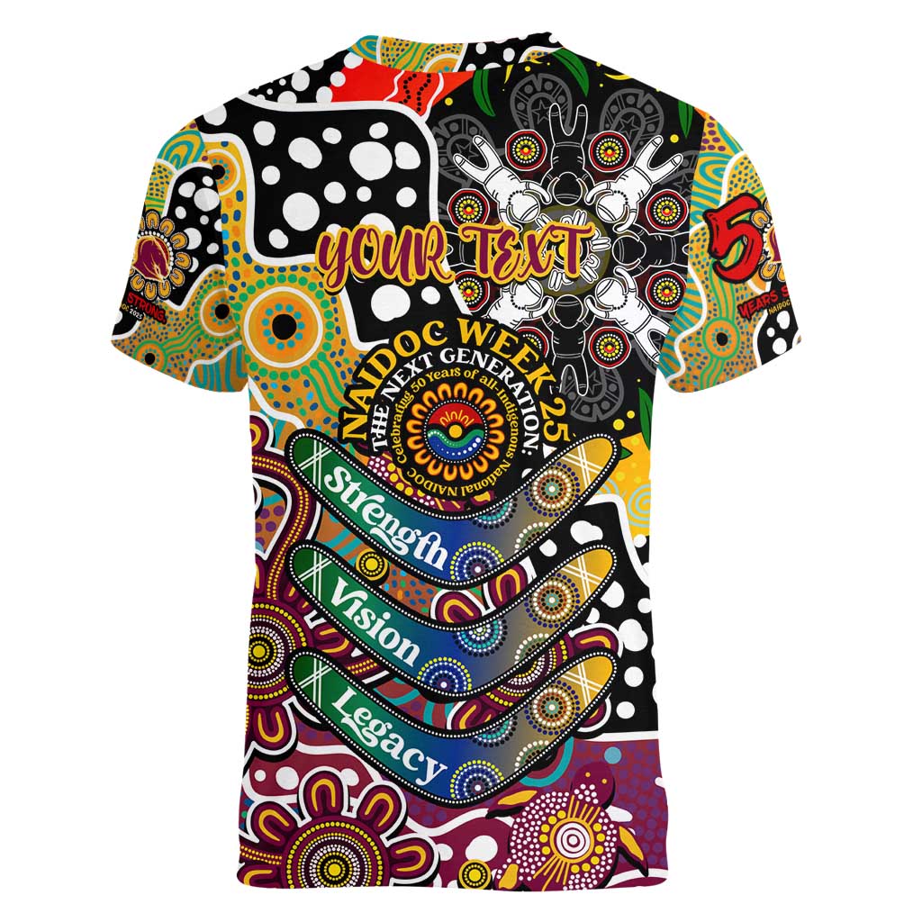 Personalised Broncos NRL Celebrating 50 Years of Naidoc Women V-Neck T-Shirt NAIDOC Week 2025 Aboriginal