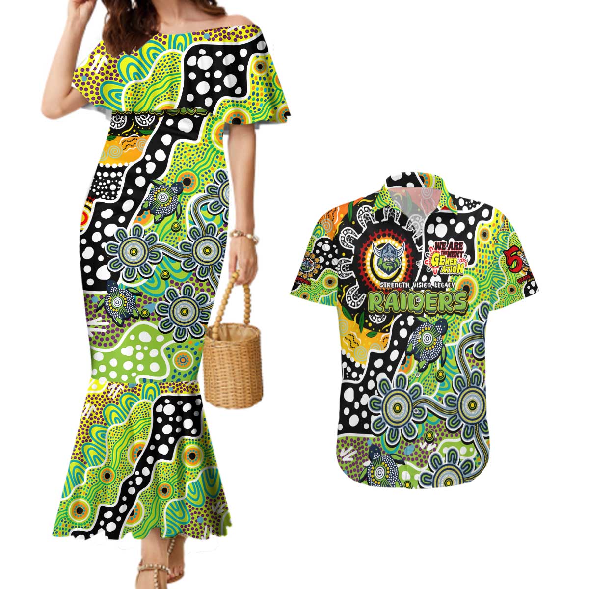Personalised Raiders NRL Celebrating 50 Years of Naidoc Couples Matching Mermaid Dress and Hawaiian Shirt NAIDOC Week 2025 Aboriginal