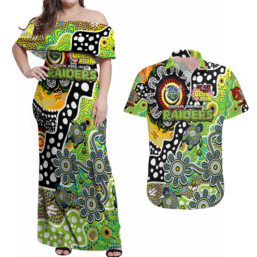 Personalised Raiders NRL Celebrating 50 Years of Naidoc Couples Matching Off Shoulder Maxi Dress and Hawaiian Shirt NAIDOC Week 2025 Aboriginal