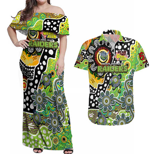Personalised Raiders NRL Celebrating 50 Years of Naidoc Couples Matching Off Shoulder Maxi Dress and Hawaiian Shirt NAIDOC Week 2025 Aboriginal