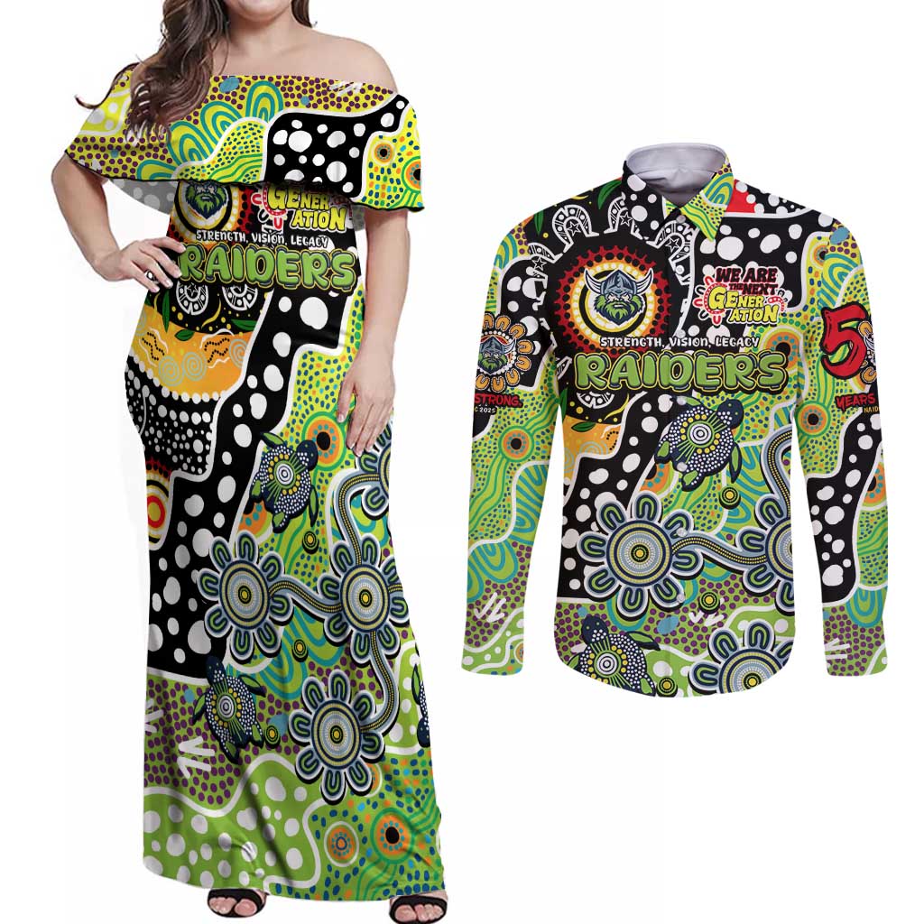 Personalised Raiders NRL Celebrating 50 Years of Naidoc Couples Matching Off Shoulder Maxi Dress and Long Sleeve Button Shirt NAIDOC Week 2025 Aboriginal