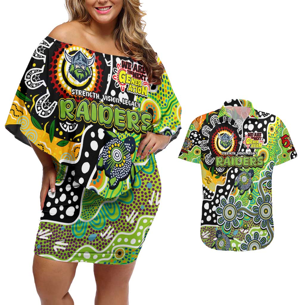 Personalised Raiders NRL Celebrating 50 Years of Naidoc Couples Matching Off Shoulder Short Dress and Hawaiian Shirt NAIDOC Week 2025 Aboriginal