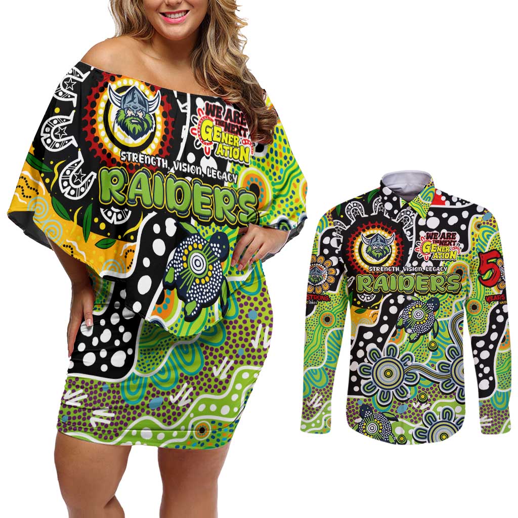 Personalised Raiders NRL Celebrating 50 Years of Naidoc Couples Matching Off Shoulder Short Dress and Long Sleeve Button Shirt NAIDOC Week 2025 Aboriginal