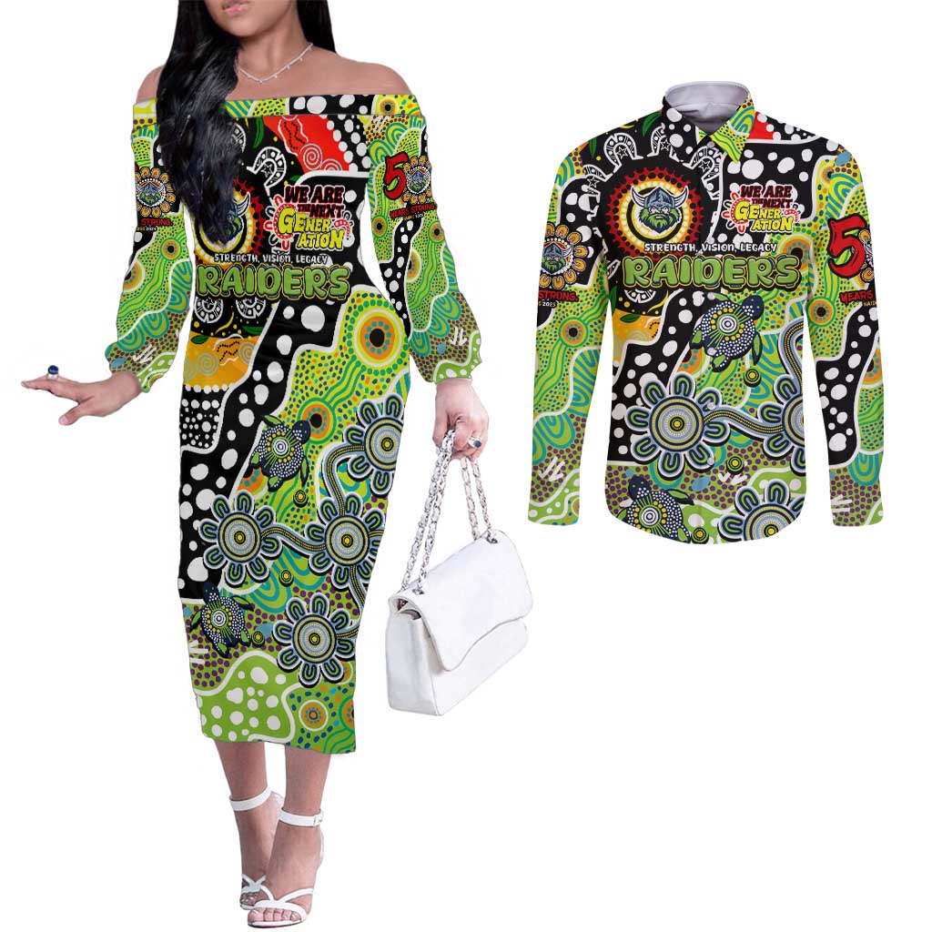 Personalised Raiders NRL Celebrating 50 Years of Naidoc Couples Matching Off The Shoulder Long Sleeve Dress and Long Sleeve Button Shirt NAIDOC Week 2025 Aboriginal