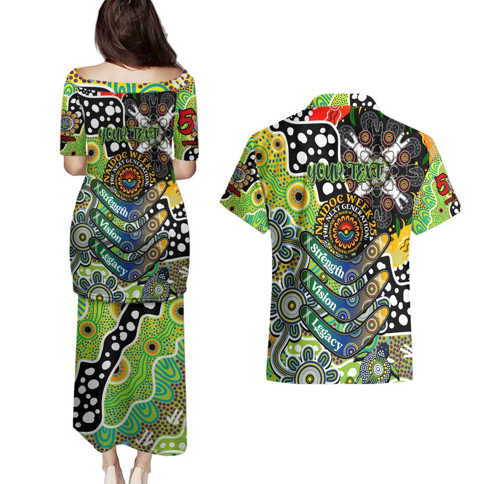 Personalised Raiders NRL Celebrating 50 Years of Naidoc Couples Matching Puletasi and Hawaiian Shirt NAIDOC Week 2025 Aboriginal