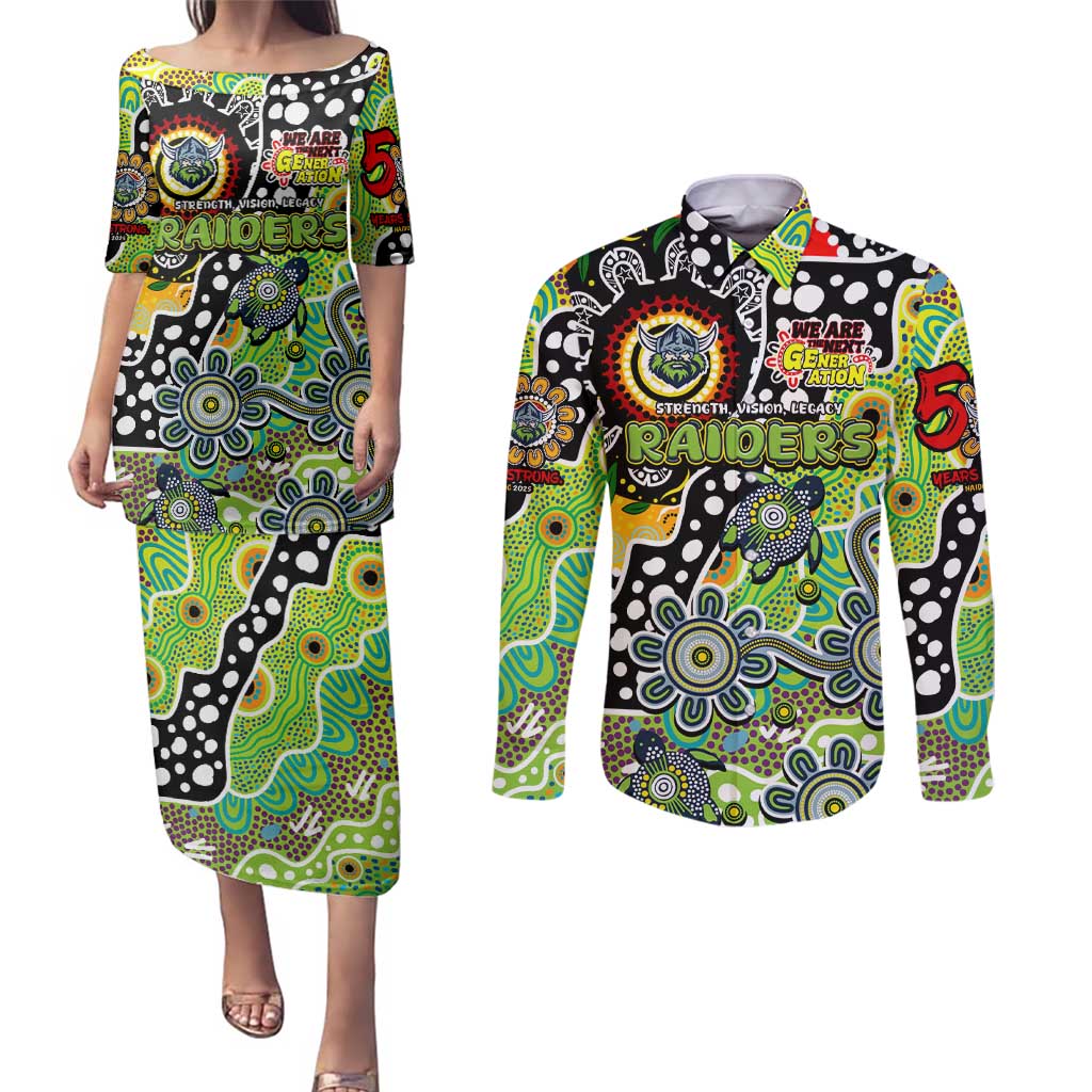 Personalised Raiders NRL Celebrating 50 Years of Naidoc Couples Matching Puletasi and Long Sleeve Button Shirt NAIDOC Week 2025 Aboriginal