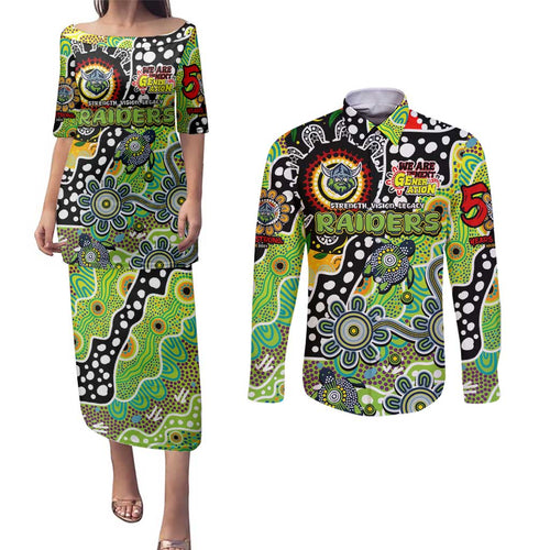 Personalised Raiders NRL Celebrating 50 Years of Naidoc Couples Matching Puletasi and Long Sleeve Button Shirt NAIDOC Week 2025 Aboriginal
