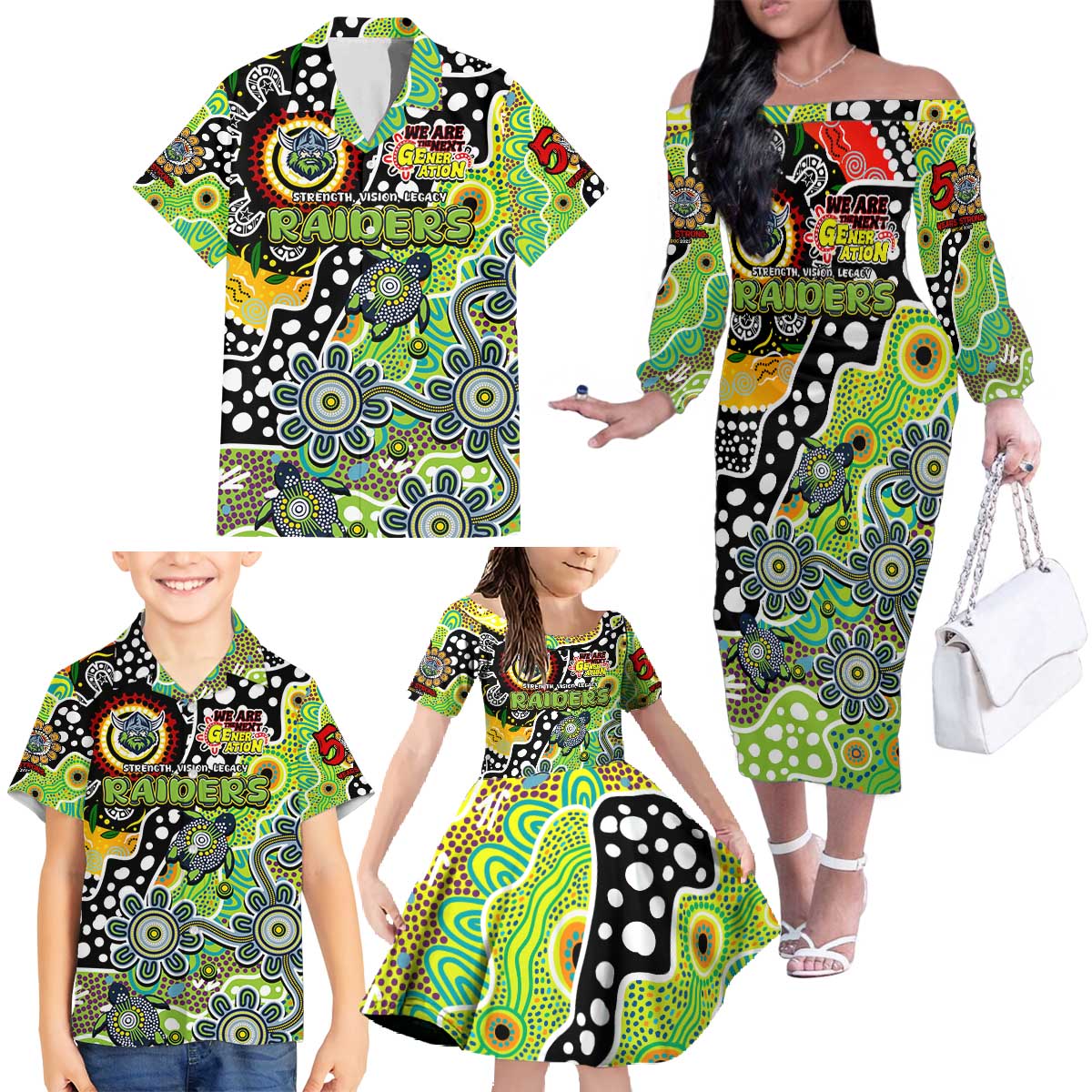 Personalised Raiders NRL Celebrating 50 Years of Naidoc Family Matching Off The Shoulder Long Sleeve Dress and Hawaiian Shirt NAIDOC Week 2025 Aboriginal