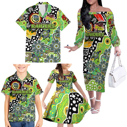 Personalised Raiders NRL Celebrating 50 Years of Naidoc Family Matching Off The Shoulder Long Sleeve Dress and Hawaiian Shirt NAIDOC Week 2025 Aboriginal